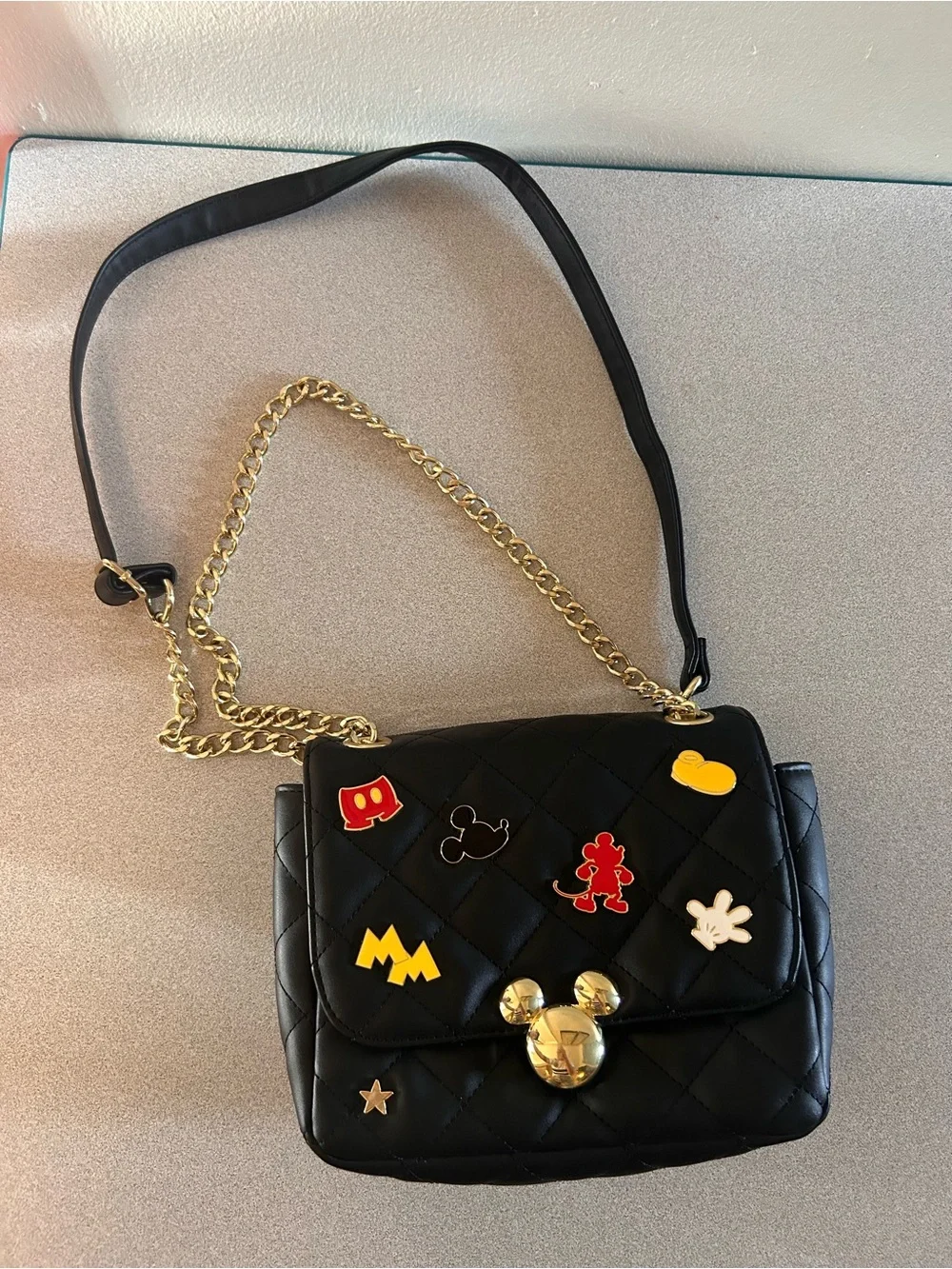 Loungefly Black Quilted Crossbody Bag with Gold Chain and Mickey Pins